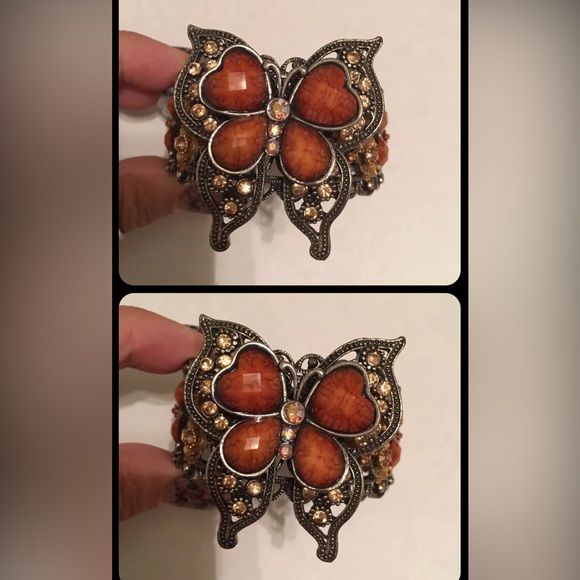 Jewelry - BUTTERFLY & FLOWERS Brown Bronze Orange STONES, Stretch, STATEMENT CUFF BRACELET